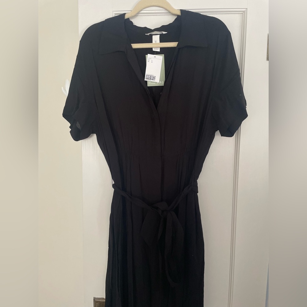 h&m black midi dress with tie